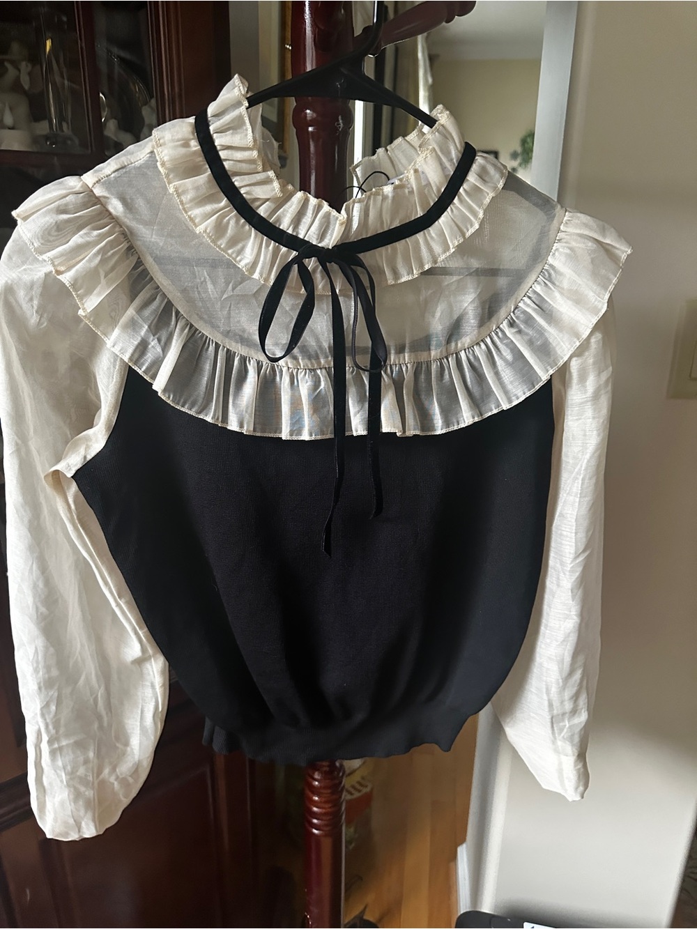 Zara Black and Cream Ruffle-Yoke Tie Blouse